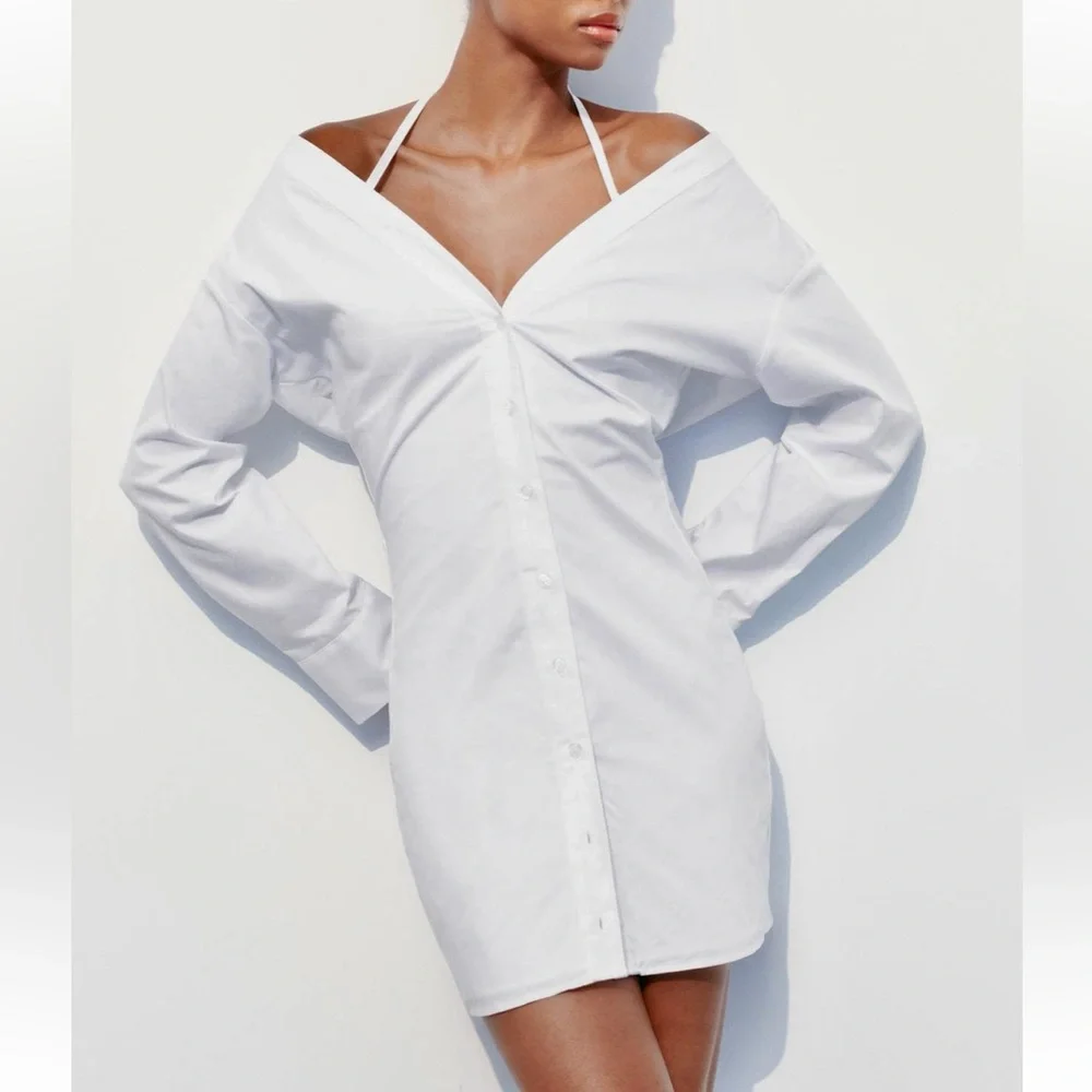 Zara NWT gabardine white off the shoulder button front trench coat shirt dress - Picture 2 of 15
